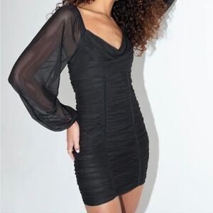 Princess Polly‎ Black Everley Ruched Mesh Fitted Bodycon Mini Dress 4US